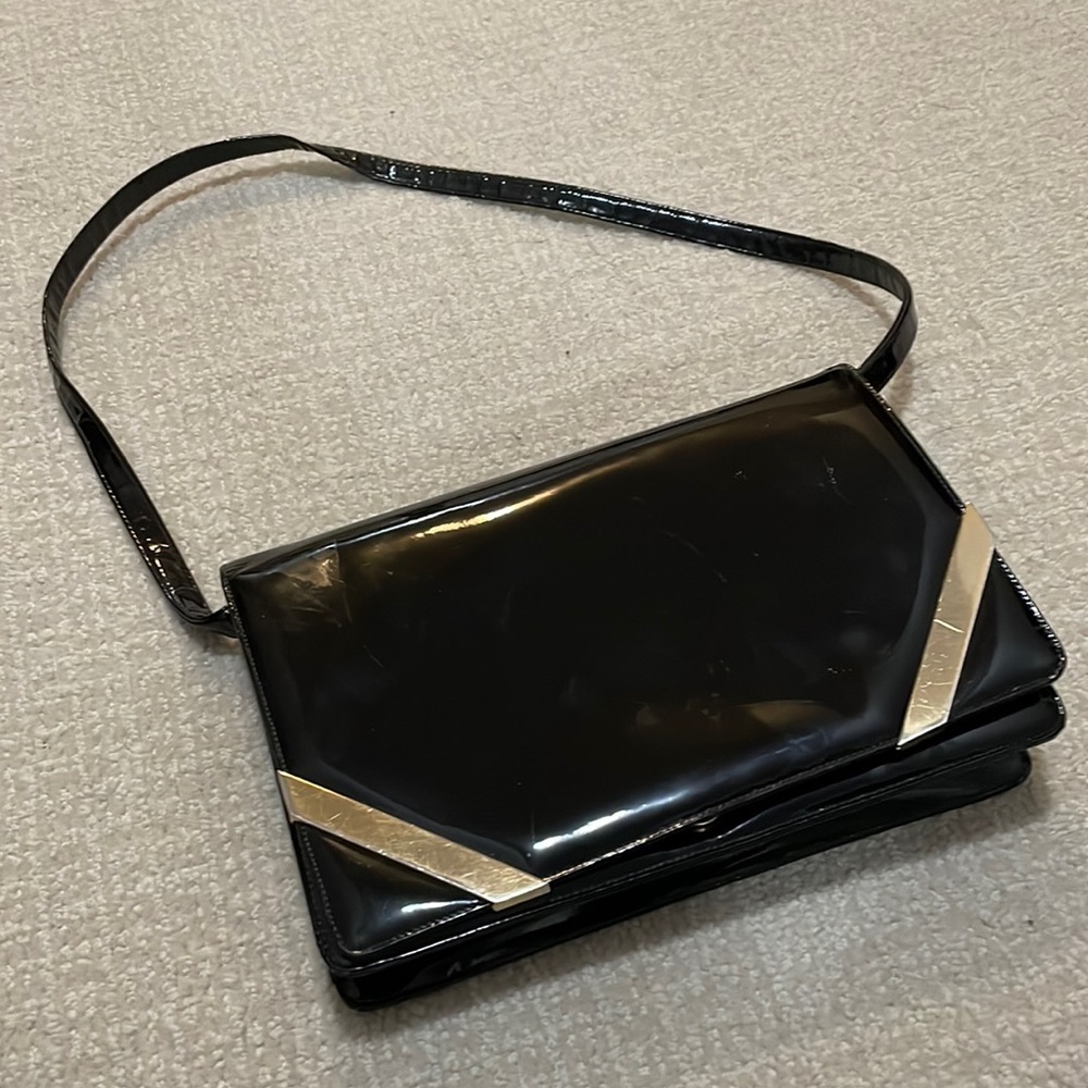 Classic Black patent leather shoulder bag/clutch with removable strap